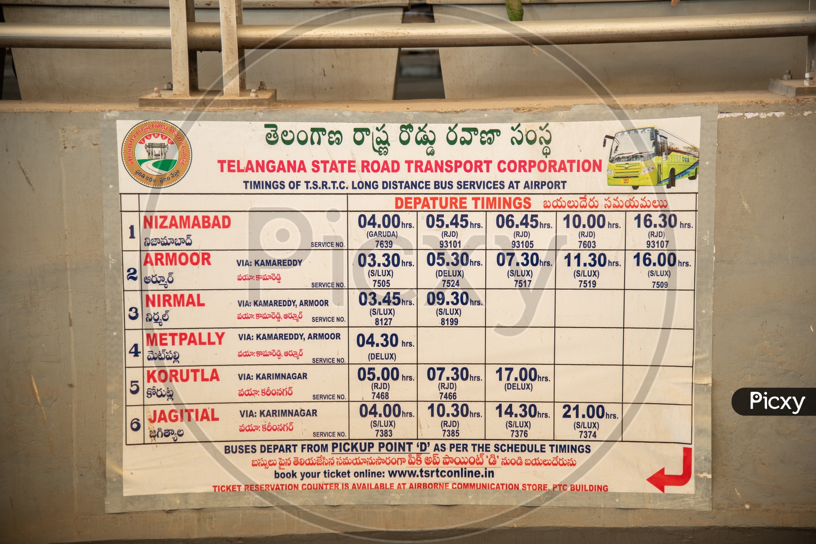 TSRTC Airport Bus timings board for Airport to Telangana District headquarter and major cities  Service