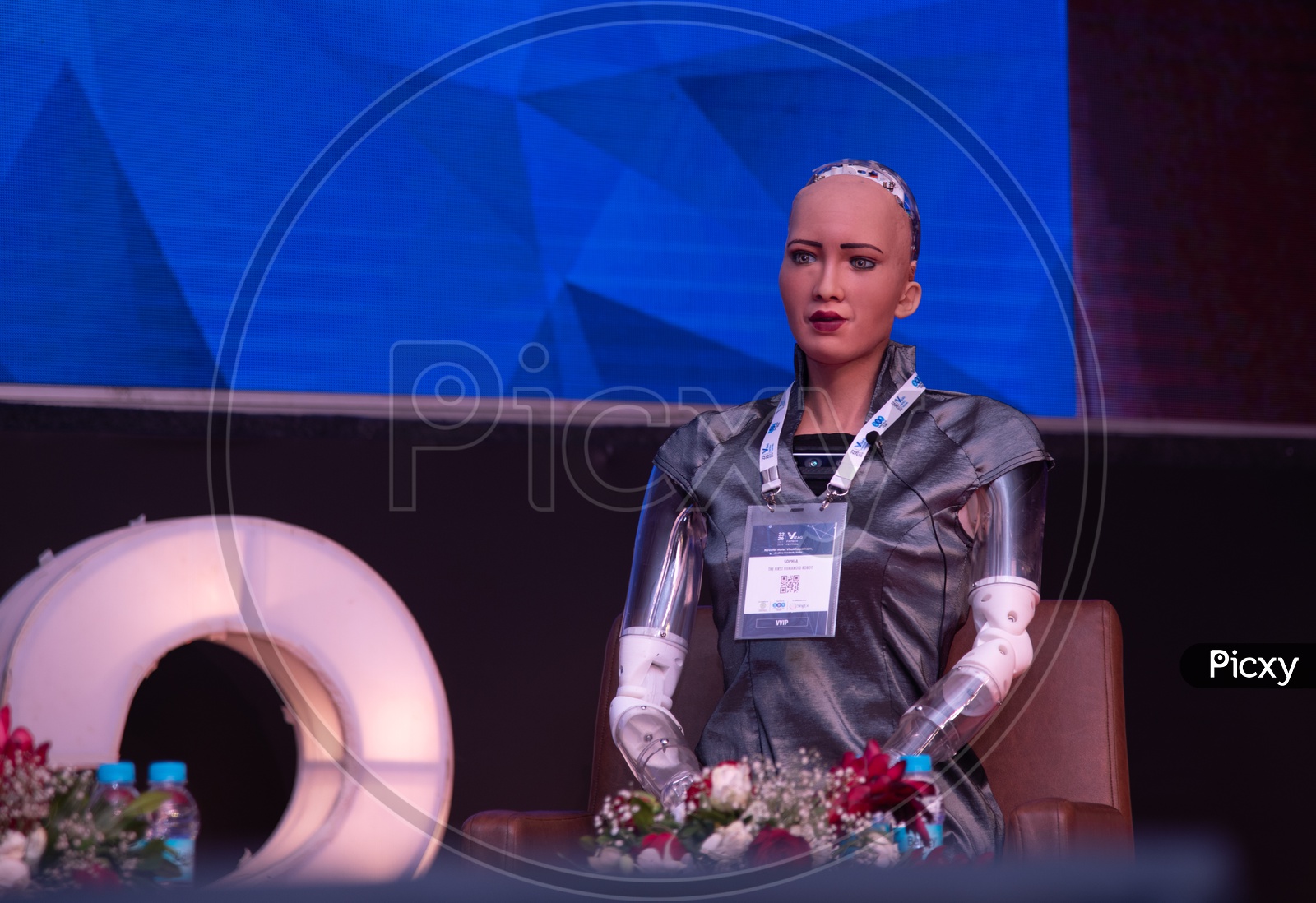 Different Facial Expressions of SOPHIA, First Humanoid Robot with UAE Citizenship at Vizag Fintech Valley festival, 2018