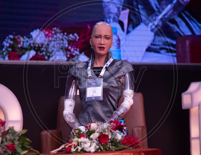 Different Facial Expressions of SOPHIA, First Humanoid Robot with UAE Citizenship at Vizag Fintech Valley festival, 2018