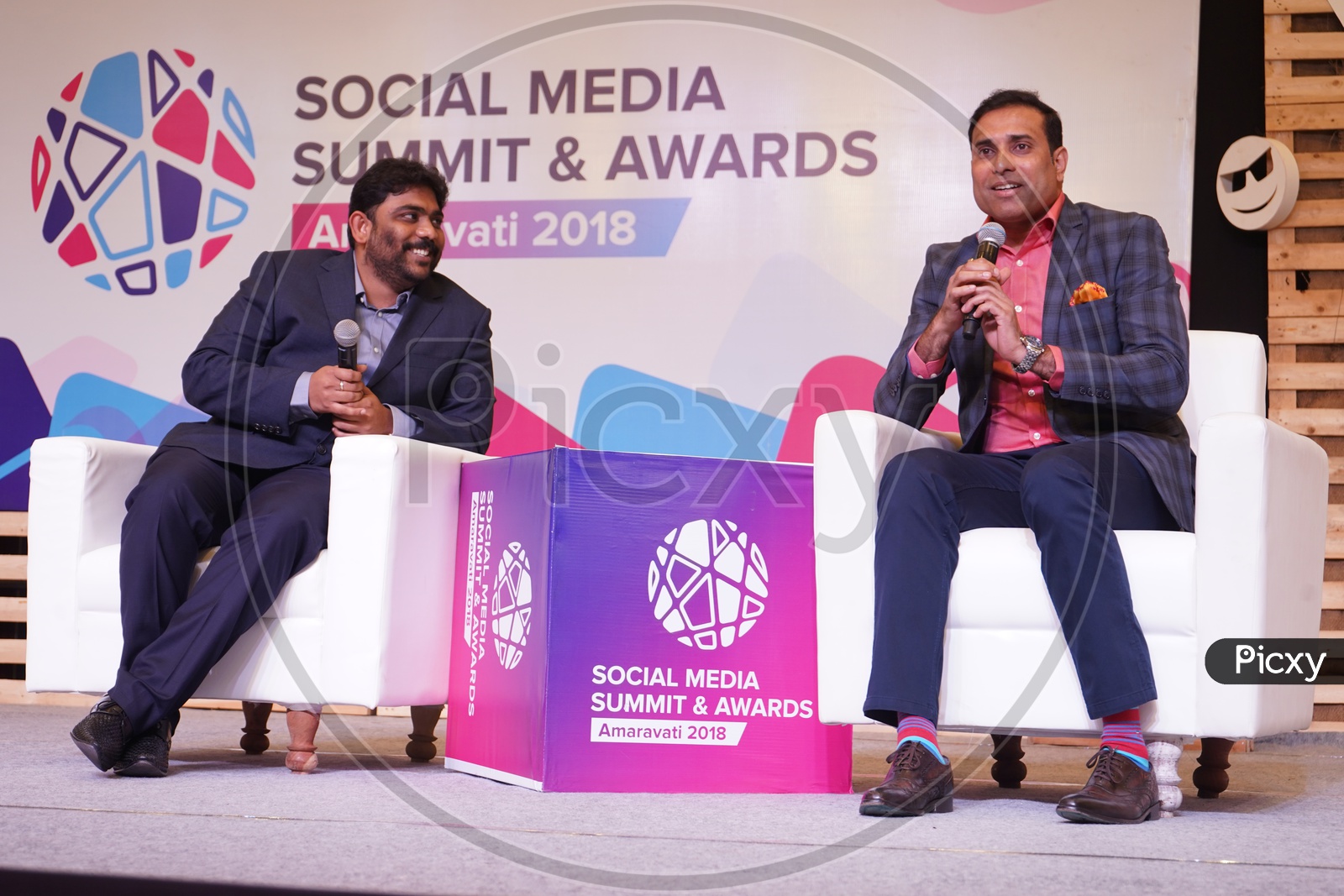 Former Indian Cricketer V V S Laxman and Start AP CEO Siddharth Marupeddi in Social Media Summit & Awards Amaravati 2018