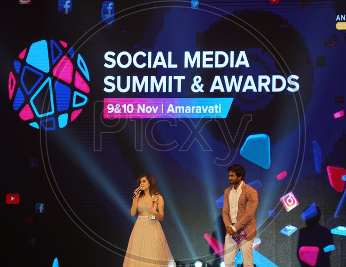 'Music Sensation On Social Media' Award winner Shirley Setia and Sudheer Babu in Social Media Summit & Awards Amaravati 2018