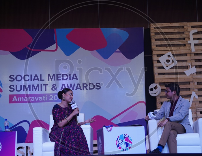 Indian Film Actress Swara Bhaskar and Mayuk Choudhury in Social Media Summit & Awards Amaravati 2018