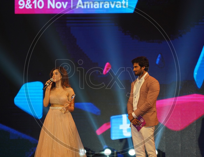 'Music Sensation On Social Media' Award winner Shirley Setia and Sudheer Babu in Social Media Summit & Awards Amaravati 2018