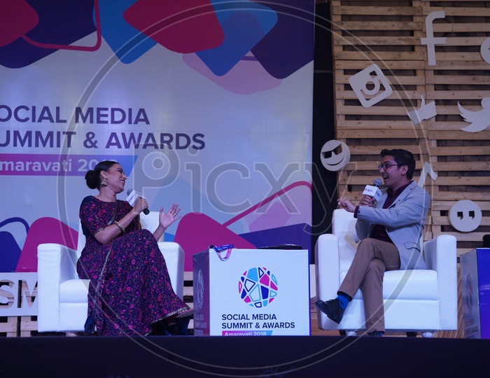 Indian Film Actress Swara Bhaskar and Mayuk Choudhury in Social Media Summit & Awards Amaravati 2018