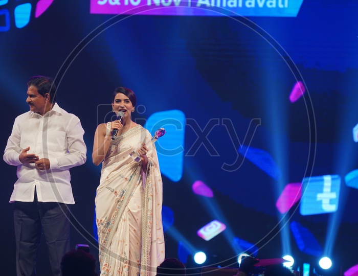 AP Minister Devineni Umamaheswara Rao and Samantha Akkineni in Social Media Summit & Awards Amaravati 2018
