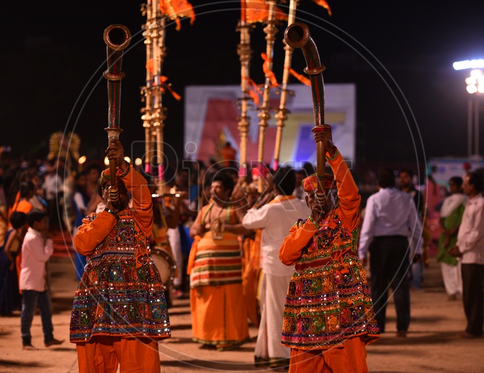 Men using Musical Instruments to welcome Alampur Jogulamba Idol in a Procession at Koti deepotsvam