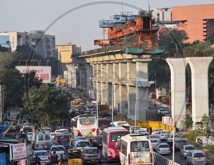 Heavy Traffic and Metro Under Construction Hyderabad
