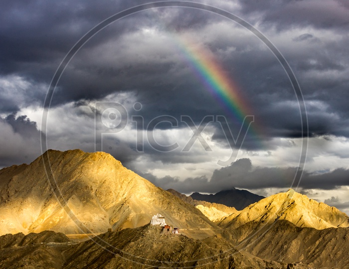 Rainbow above Himalayan Mountains in Leh