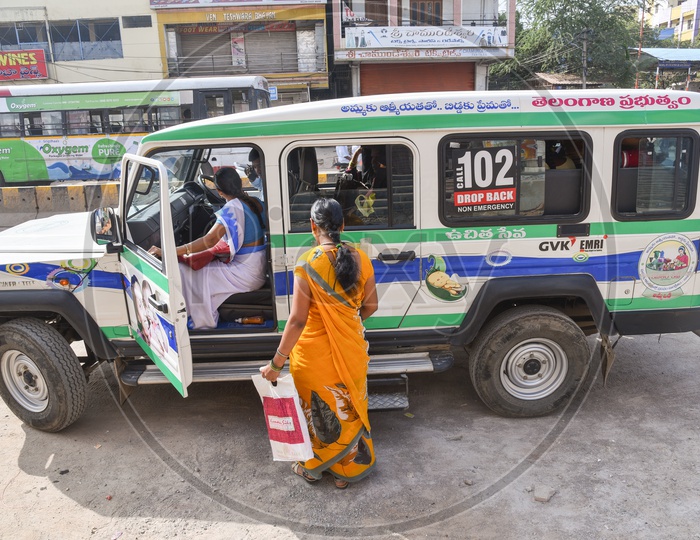 102 , a service initiative by Telangana Government to carry 3-5 month Pregnant women to Hospital and drop them off at their homes