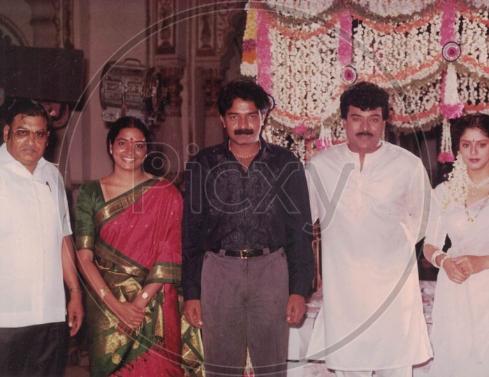 Telugu Actress Jeevitha and Actor Rajashekar with Mega Star Chiranjeevi and Actress Nagma on the sets of Gharana Mogudu