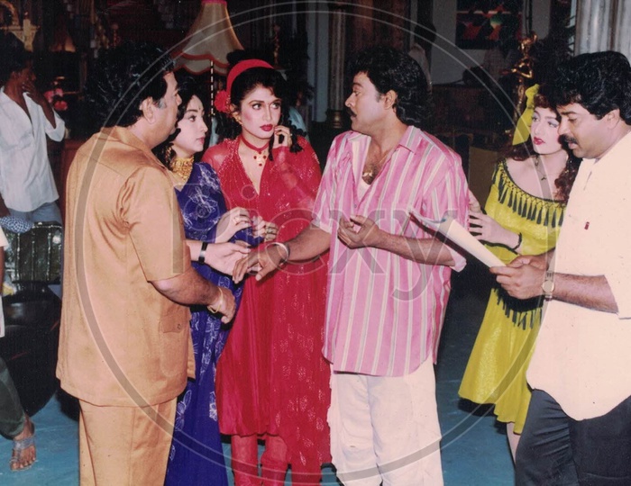 Director E.V.V Satyanarayana Explaining movie scene to Mega Star Chiranjeevi and Actress Ramya Krishna