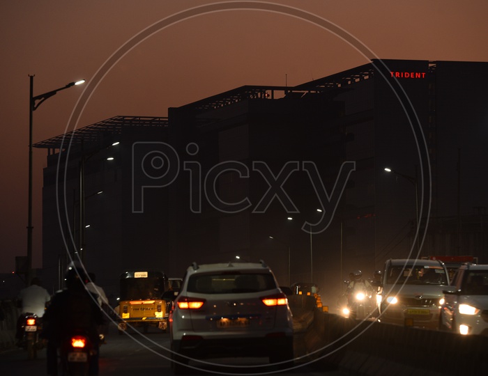 Trident Hotel View From Hightech  City Flyover/Commutng Vehicles On Hitech City Flover