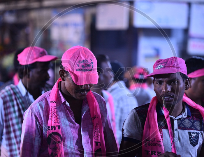 TRS  Party Supporters Wearing TRS Caps During Election Campaign 2018