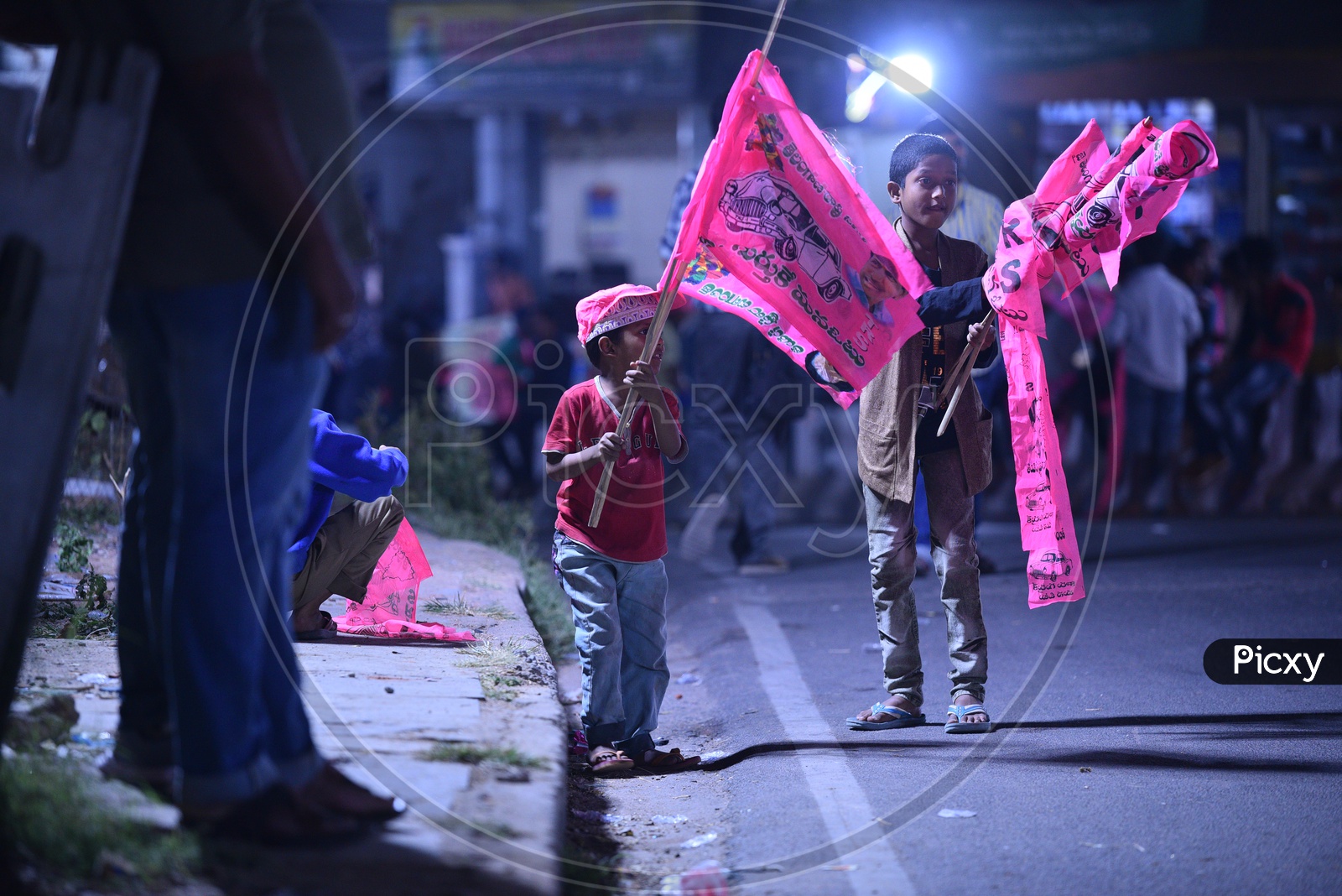 Children Waving TRS Party Flags During Election Campaign 2018