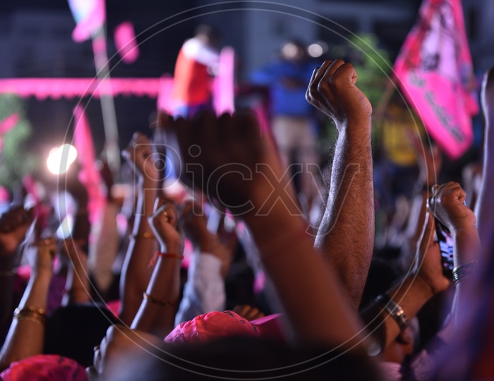 TRS Party Pepole Cheering The Gathering by Waving TRS Party Flags During The Election Campaign Rally 2018