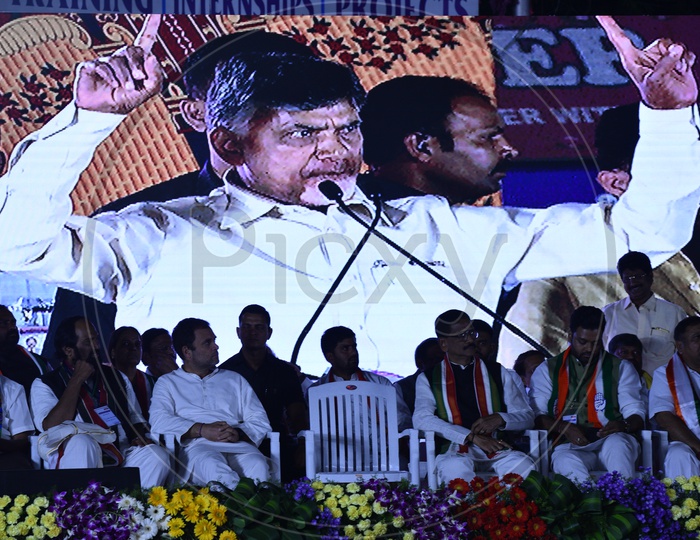 Rahul gandhi, Kodanda ram, Uttam Kumar, N Chandra Babu Naidu and others during Telangana Election Campaign 2018