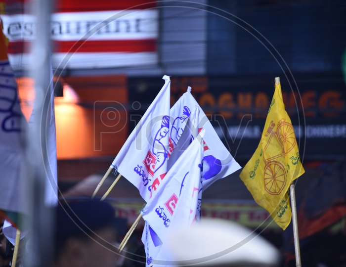 Placards & Flags Supporting  TDP & Congress Party at a meeting in Ameerpet for Telangana Election Campaign 2018