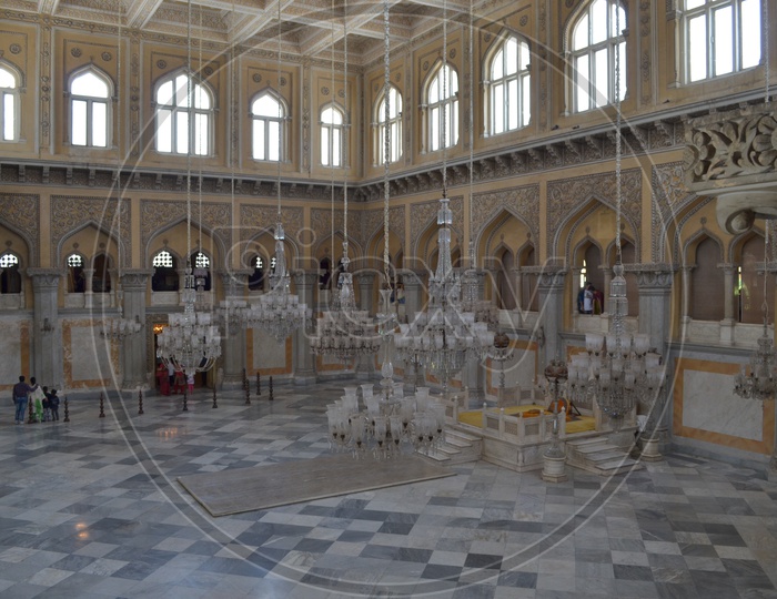 Interiors in Chowmahalla Palace with chandeliers