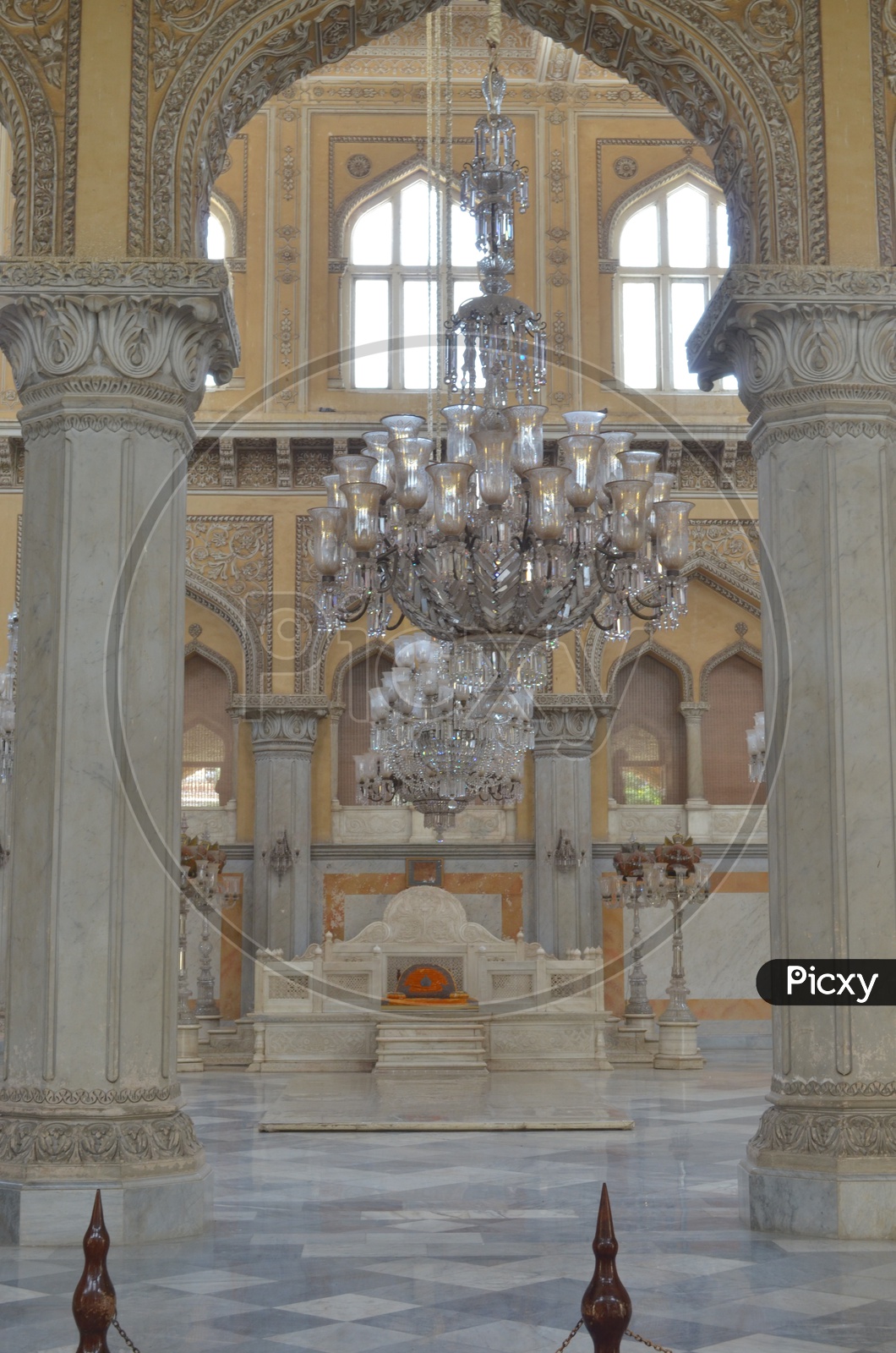 Interiors in Chowmahalla Palace with chandeliers