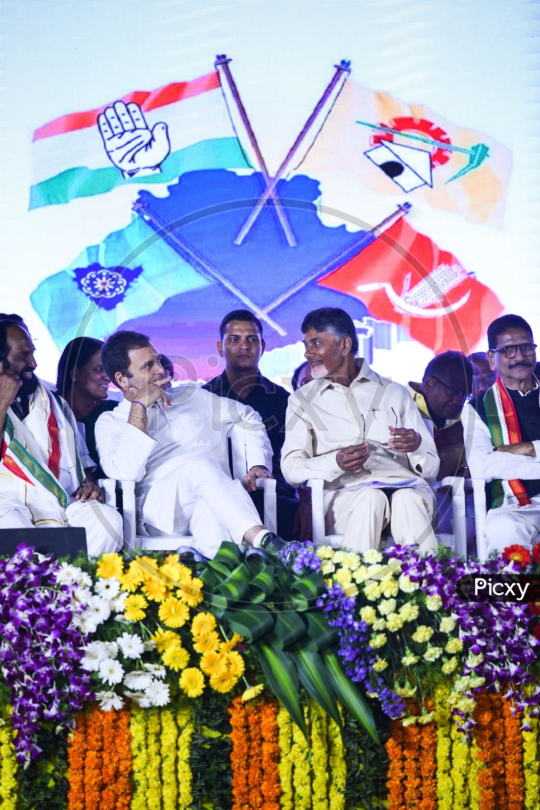Nara Chandra babu Naidu, Chief Minister of Andhra Pradesh and Rahul Gandhi, Indian National Congress party President in conversation in a Corner meeting at Satyam Theatre, Ameerpet.
