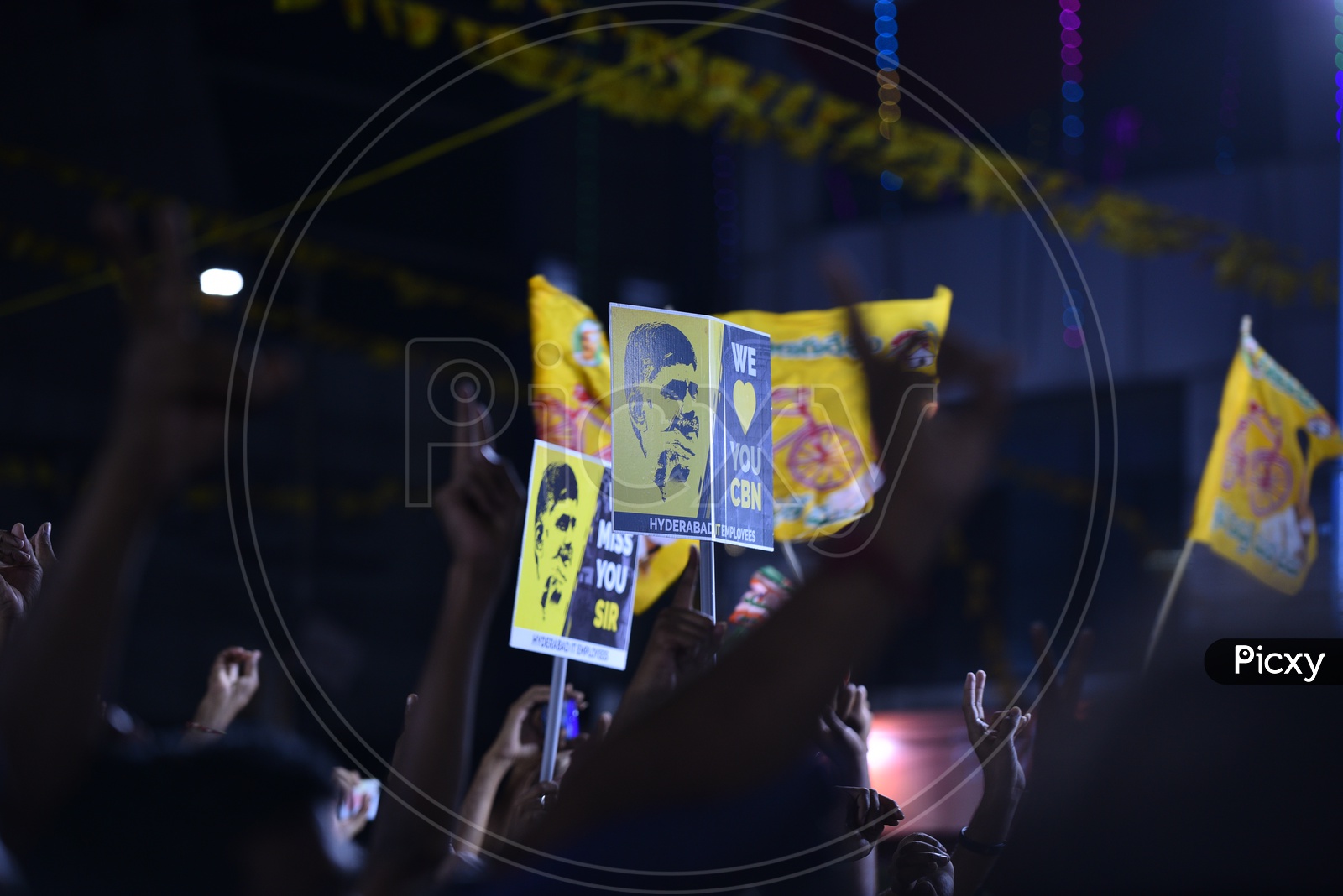 Placards & Flags Supporting  TDP & Congress Party at a meeting in Ameerpet for Telangana Election Campaign 2018