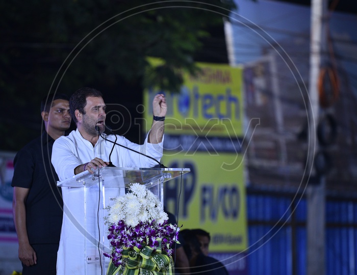 Rahul Gandhi, Indian National Congress president addressing public at a Corner meeting in Ameerpet as part of Telangana Election Campaign 2018 .