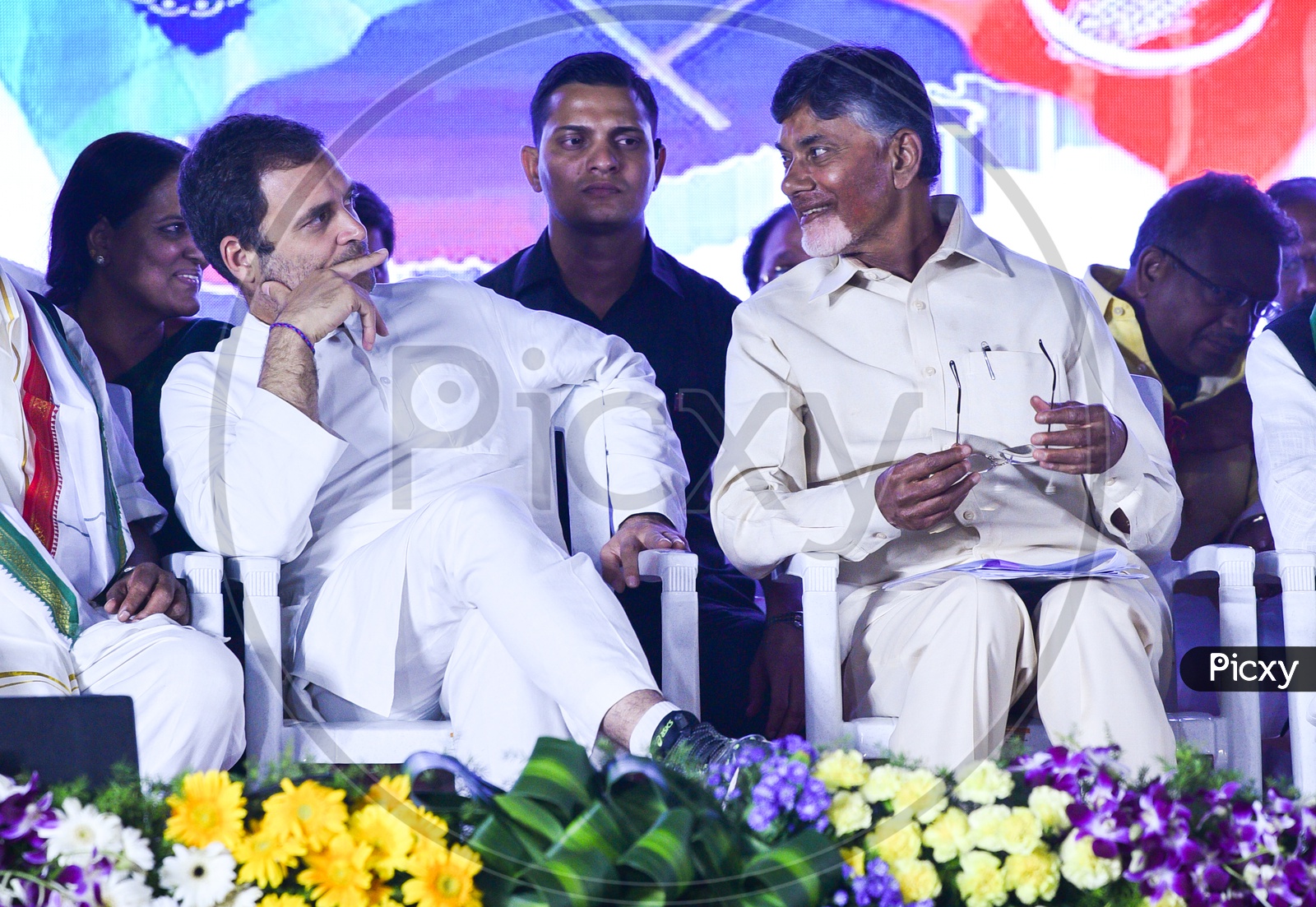 Nara Chandra babu Naidu, Chief Minister of Andhra Pradesh and Rahul Gandhi, Indian National Congress party President in conversation in a Corner meeting at Satyam Theatre, Ameerpet.