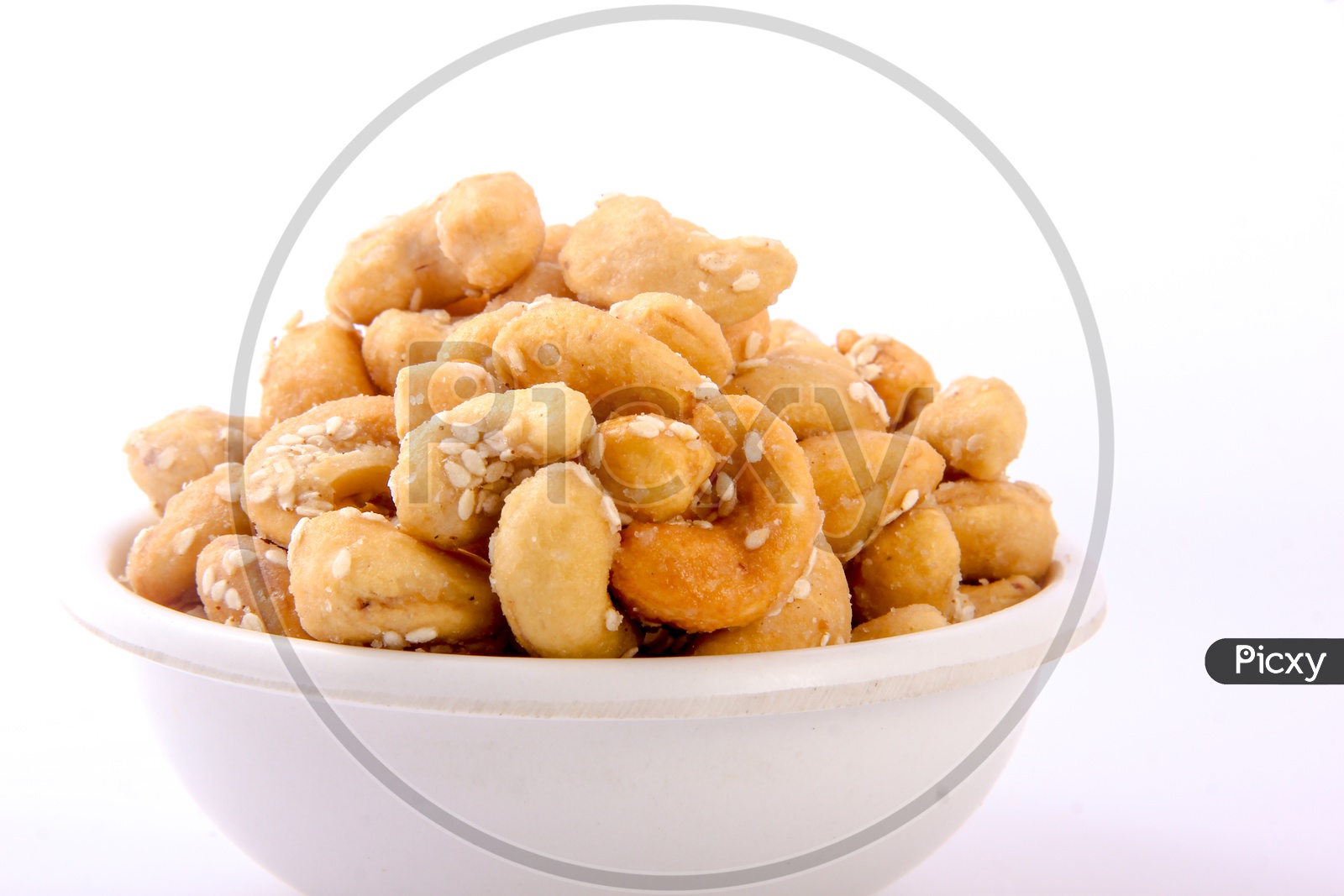 Sugar Sesame Cashew in Bowl Isolated in White Background