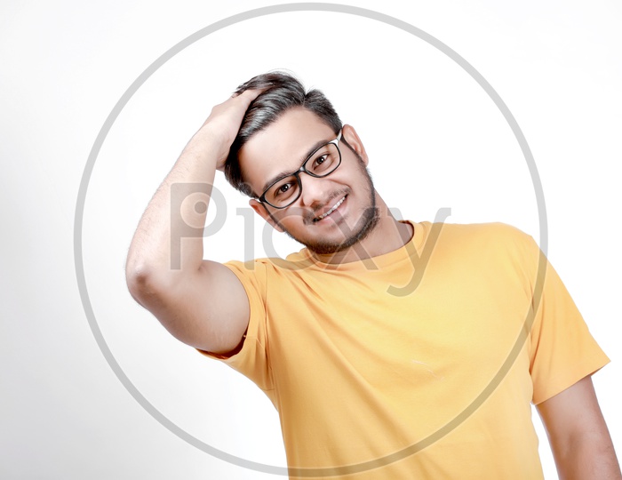 Indian Man In a Casual Wear with  Expression and Hand Signs Gestures on an Isolated White Background