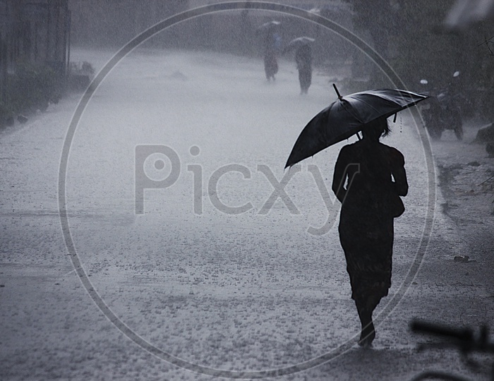India Woman Walking Under an Umbrella On An Empty Road / Indian Women on a Rainy Day