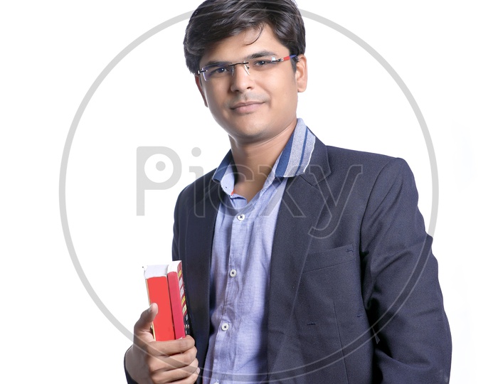 Young Indian College Student with Books, Indian Male Model on White Background