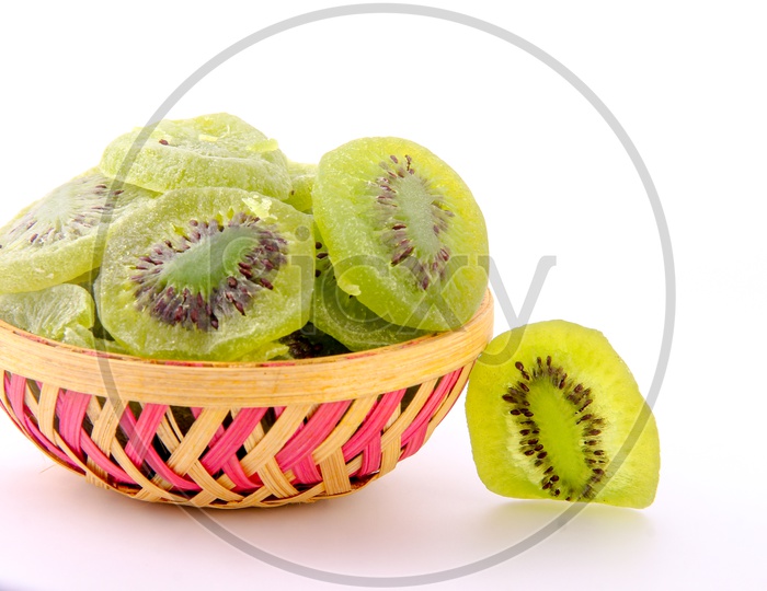 Dry Kiwi Slices in Bowl Isolated in White Background/Dry Fruits