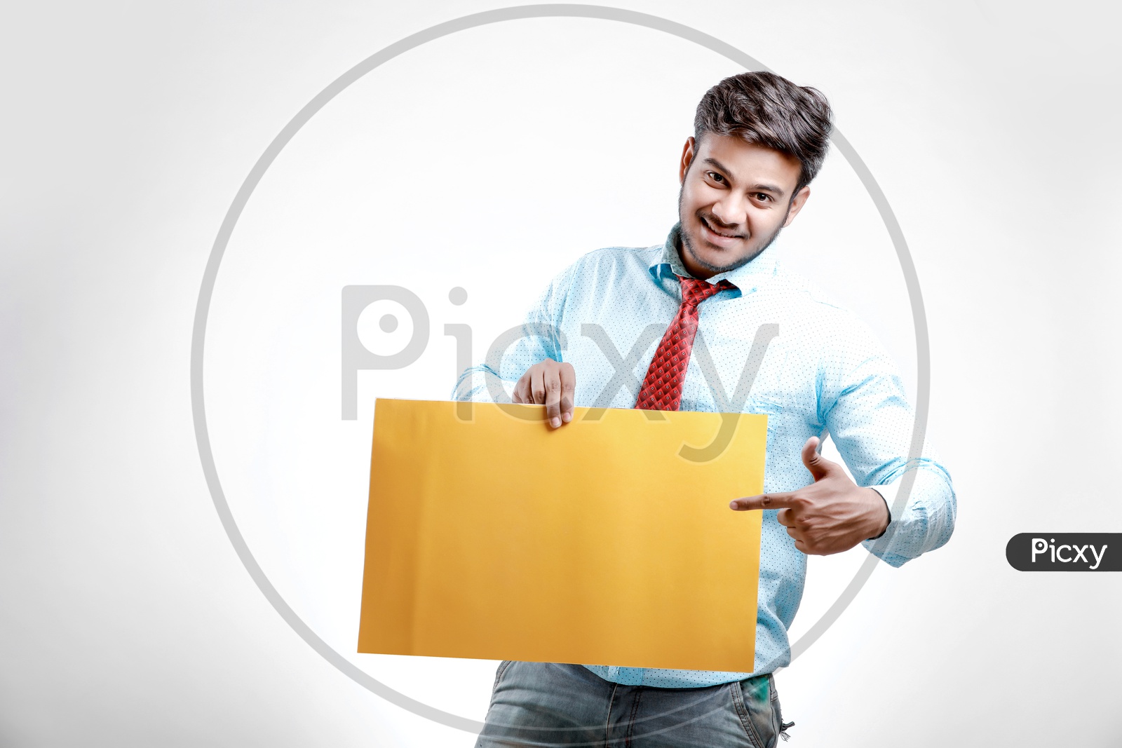 Indian  Model in Formalwear Showing Empty  Placard on an Isolated White Background