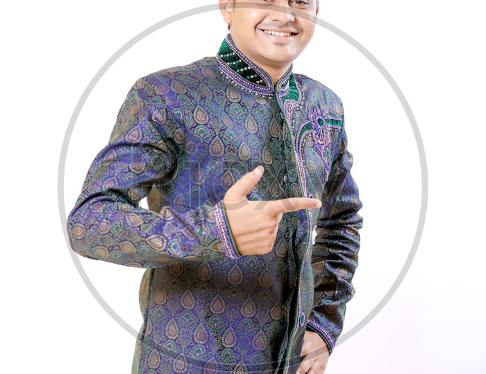 Indian Man In a Traditional Wear with  Expression and Hand Signs Gestures on an Isolated White Background