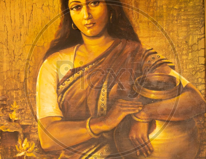 A Beautiful Painting Of a Indian Woman With A Pot at  Pond  Having Lotus In Background