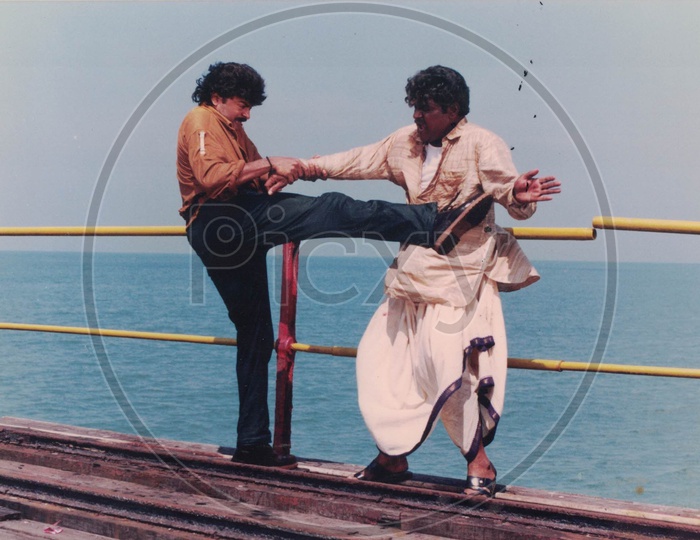 Chiranjeevi and Kota Srinivasa Rao in Alluda Majaka Movie