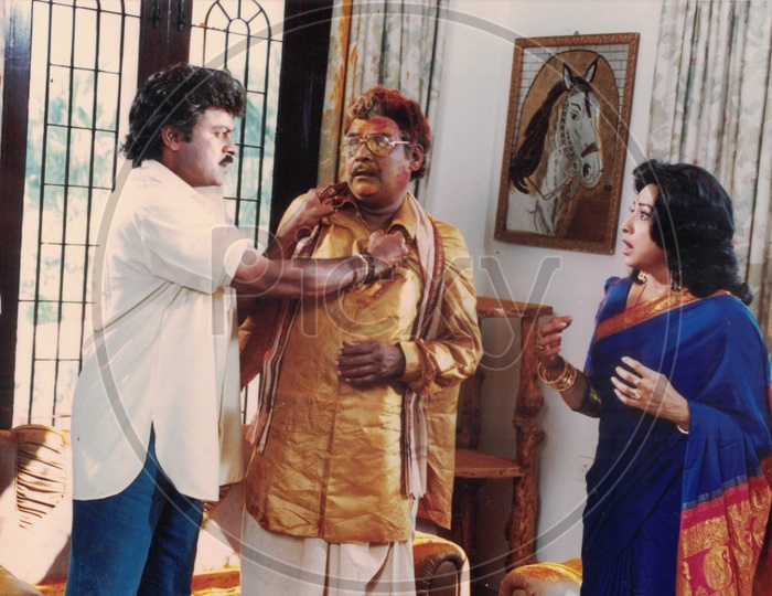 Chiranjeevi, Kota Srinivasa Rao and Lakshmi in Alluda Majaka Movie