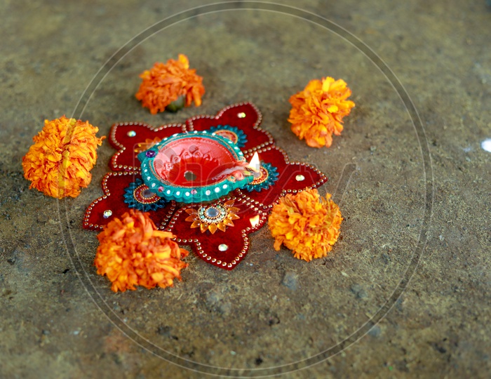 Indian Festival Diwali, Diwali Lamp, Deepavali Diyas, Flower Rangoli