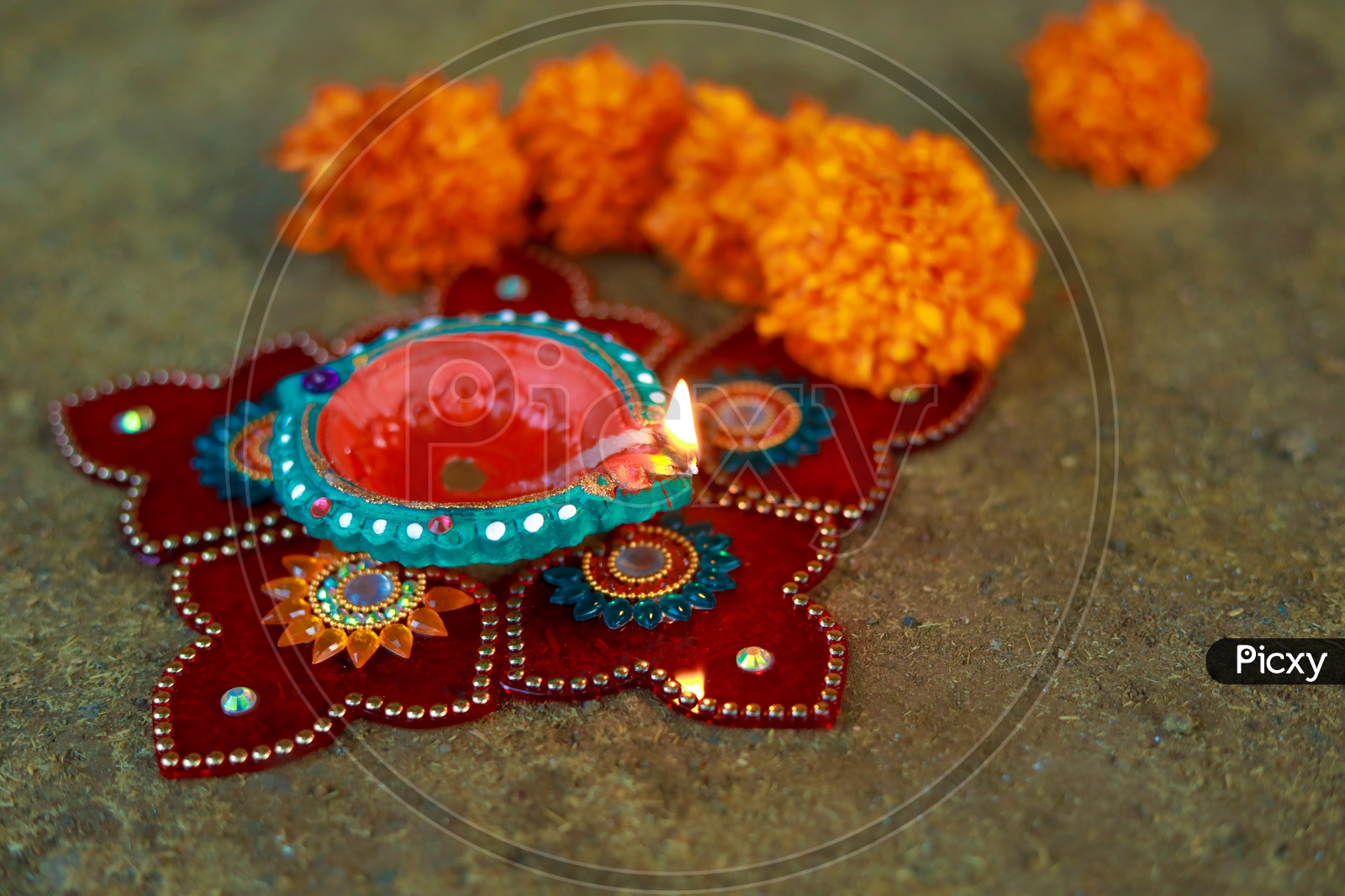 Indian Festival Diwali, Diwali Lamp, Deepavali Diyas with Flowers