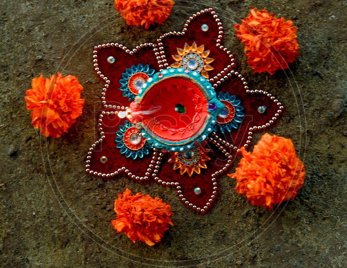 Indian Festival Diwali, Diwali Lamp, Deepavali Diyas, Flower Rangoli