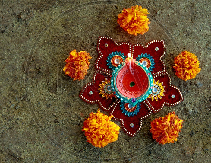 Indian Festival Diwali, Diwali Lamp, Deepavali Diyas Flower Rangoli