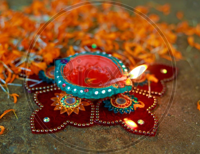 Indian Festival Diwali, Diwali Lamp, Deepavali Diyas with flowers
