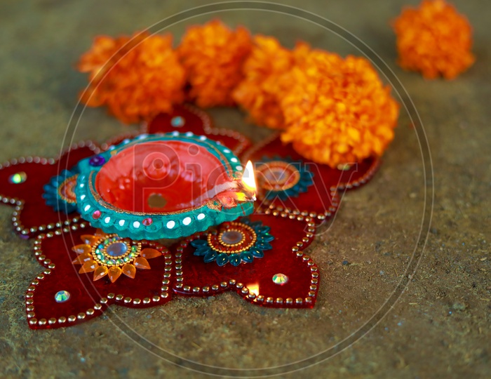 Indian Festival Diwali, Diwali Lamp, Deepavali Diyas with Flowers