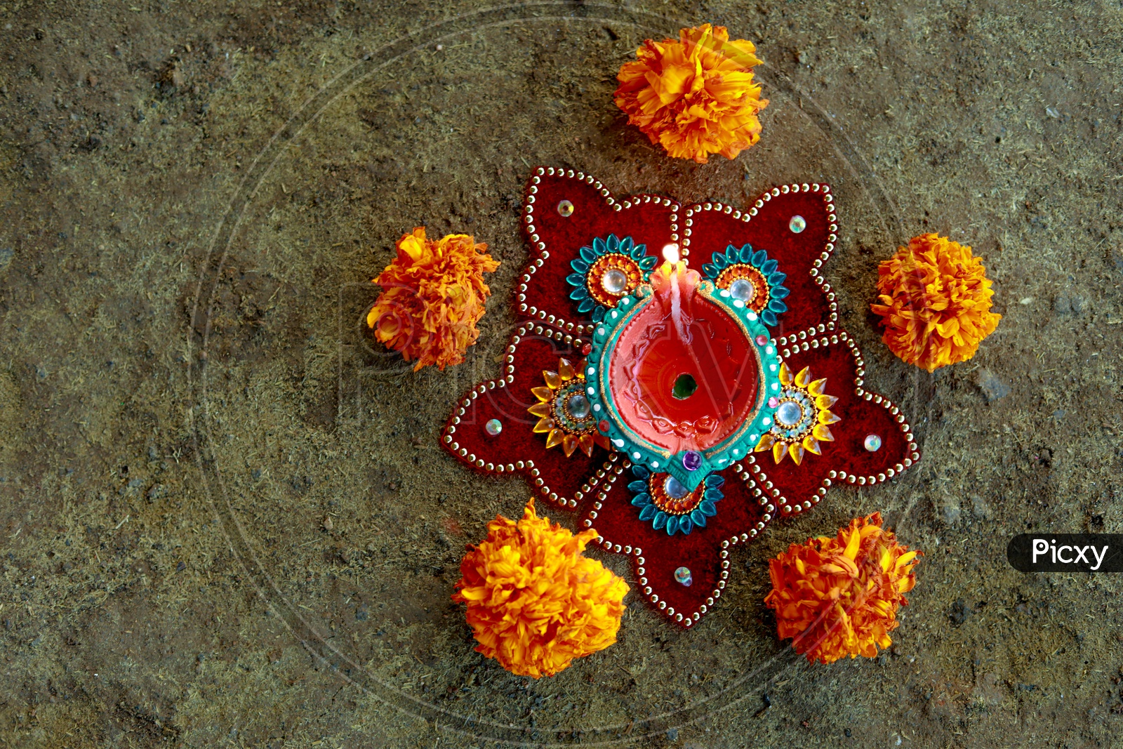 Indian Festival Diwali, Diwali Lamp, Deepavali Diyas Flower Rangoli