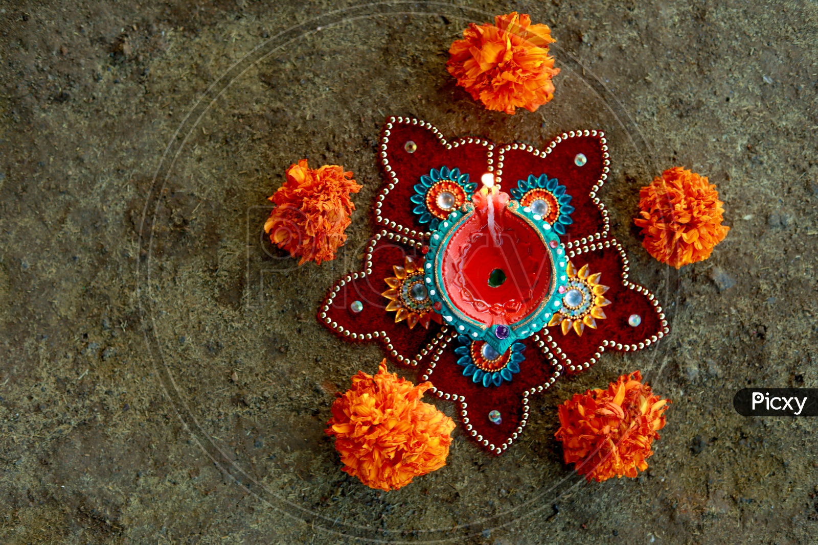 Indian Festival Diwali, Diwali Lamp, Deepavali Diyas and Flower Rangoli