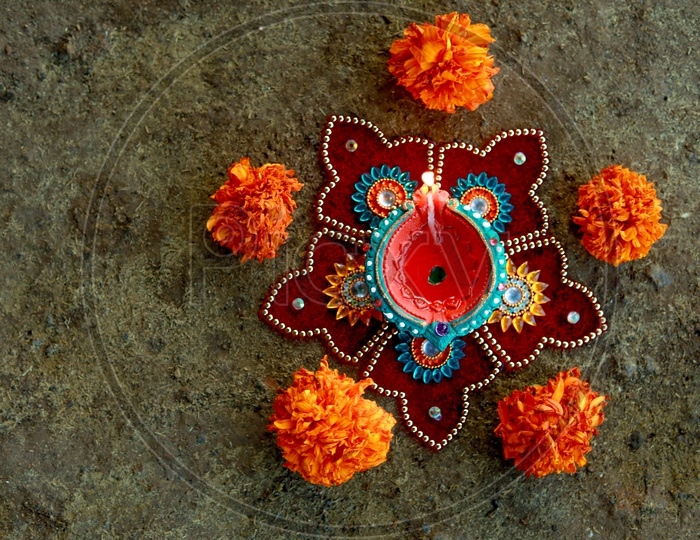 Indian Festival Diwali, Diwali Lamp, Deepavali Diyas and Flower Rangoli
