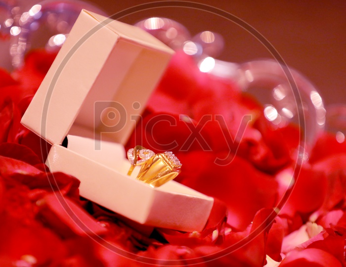 Couple Rings In Indian  Wedding With Rose petals In Backdrop