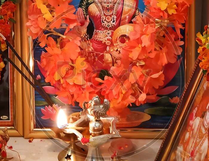 Hindu Goddess Frame/Lakshmi Devi Decorated with Flowers
