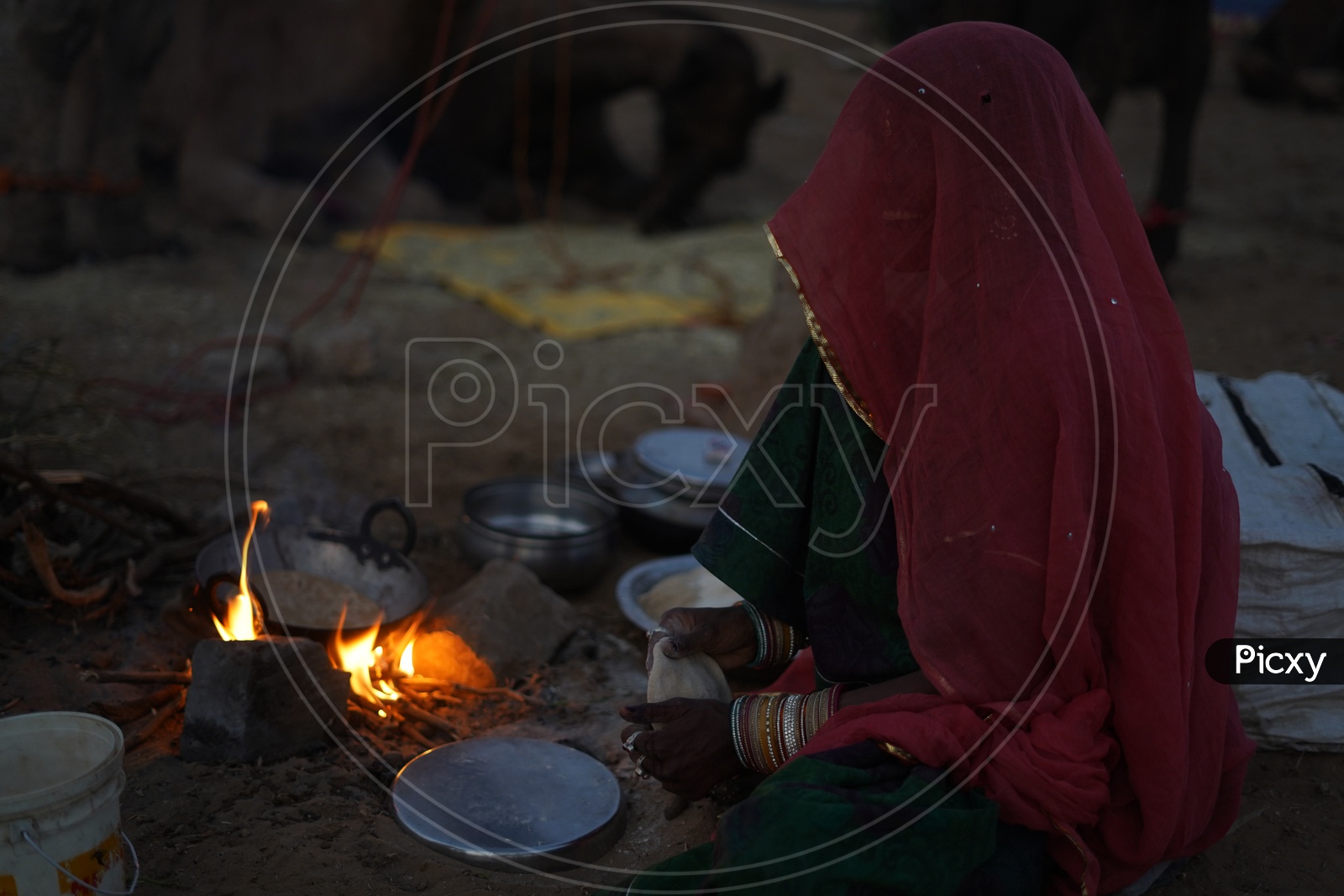 A Woman Making HerDaily Bread in Pushkar in his Traditional Rajasathani Attire