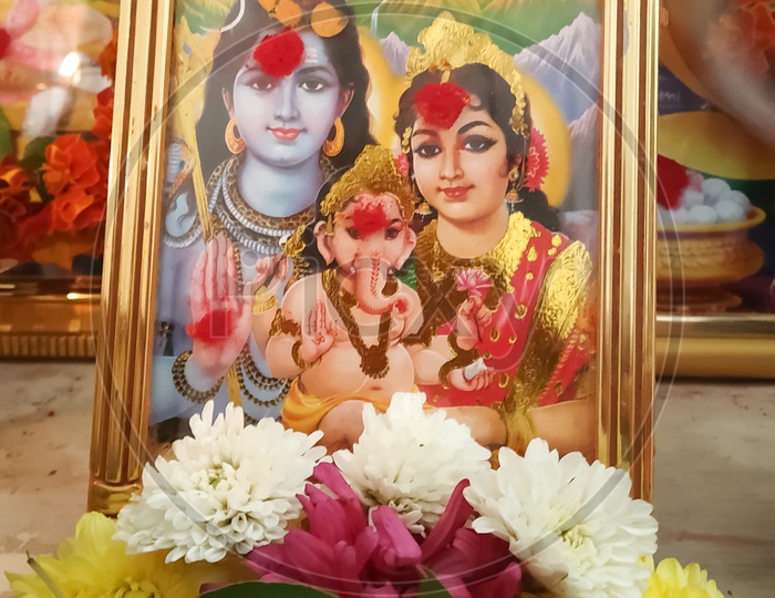 Hindu God Frame/Shiva/Siva Parvati/Parvathi/Ganesh/Vinayaka Decorated with Flowers